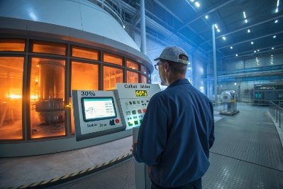 Operator monitoring glass furnace control panel inside modern bottle manufacturing plant