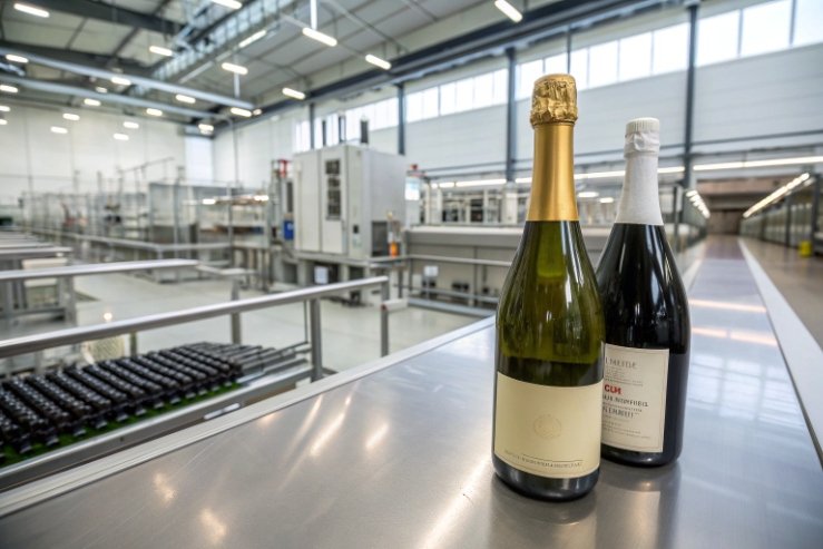 Two champagne bottles on stainless table inside modern bottling and packaging factory.