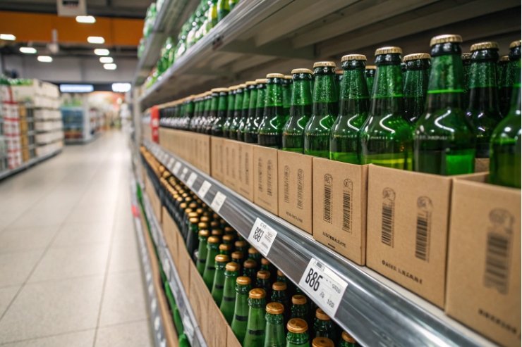 Green glass beer bottles in cardboard trays lined up on supermarket aisle shelf.
