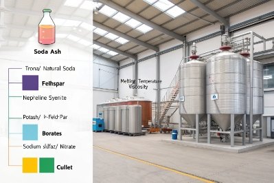 Glass batch materials chart beside silos showing soda ash feldspar borates and cullet