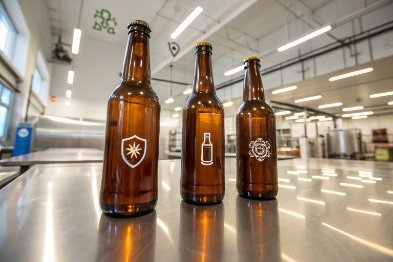 Three amber beer bottles on stainless table inside modern brewery, showing logo marks