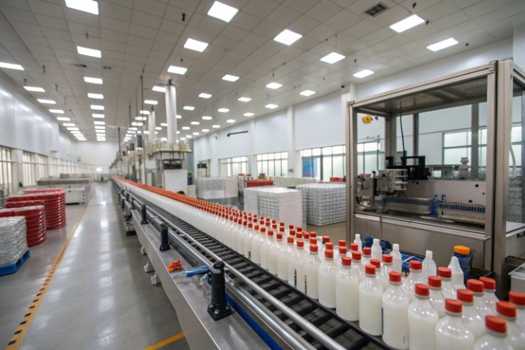 Plastic bottle filling line with red caps on conveyor in clean manufacturing plant
