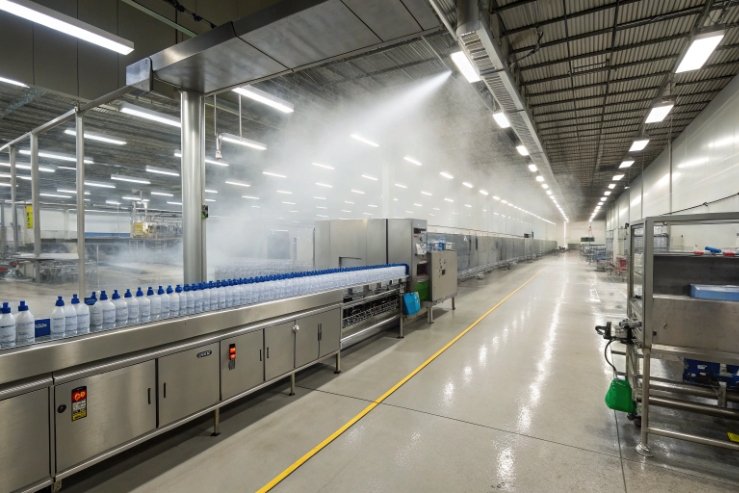 Sterile bottling line with blue-capped bottles and mist in clean factory