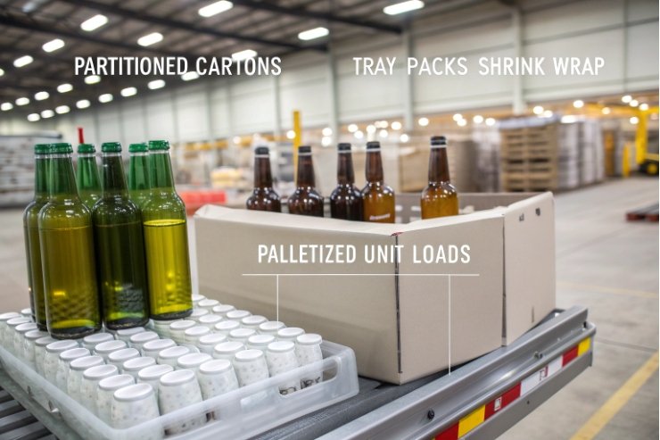 Palletized glass bottles with partitioned cartons and shrink wrap in warehouse