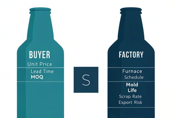 Buyer vs factory factors infographic for glass bottle pricing, lead time, and MOQ