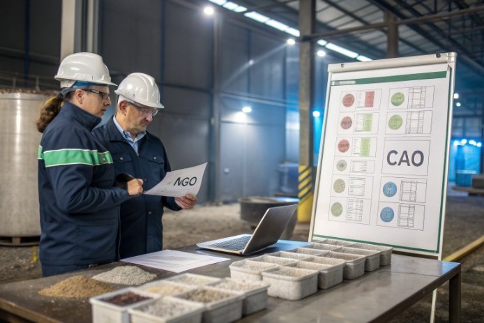 Quality engineers reviewing CaO lab results with raw material samples in glass factory.