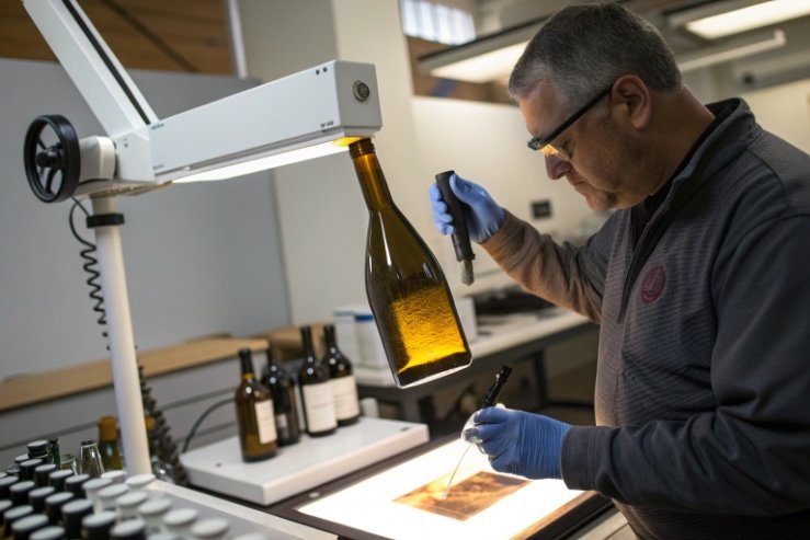 Technician inspecting amber glass bottle under lab light for quality control