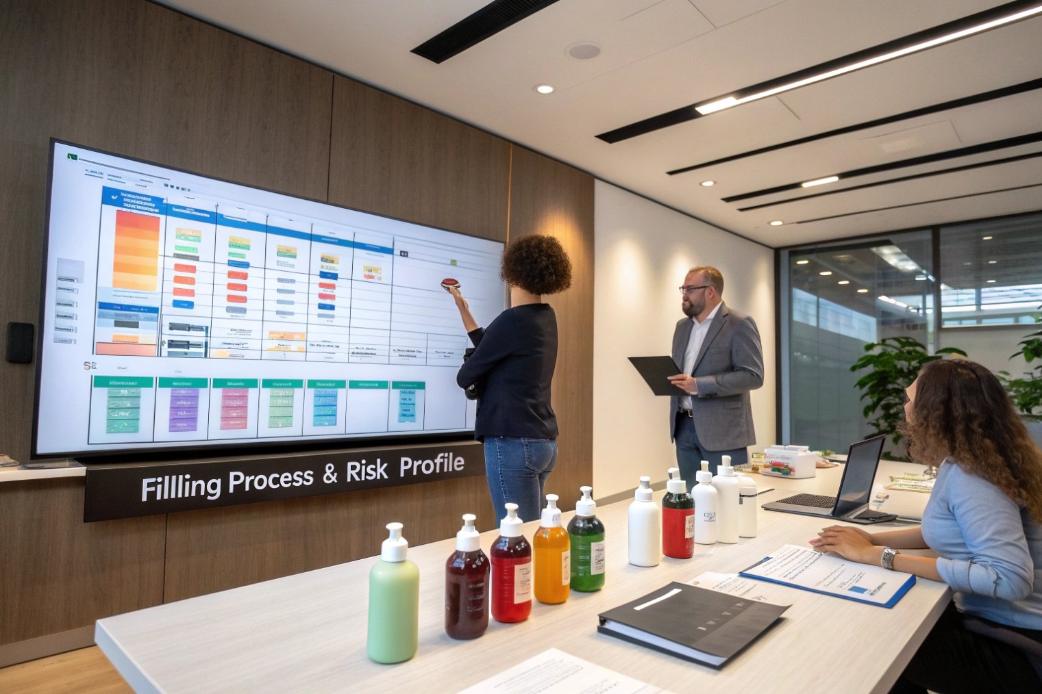 Packaging team reviewing filling process and risk profile with sample pump bottles