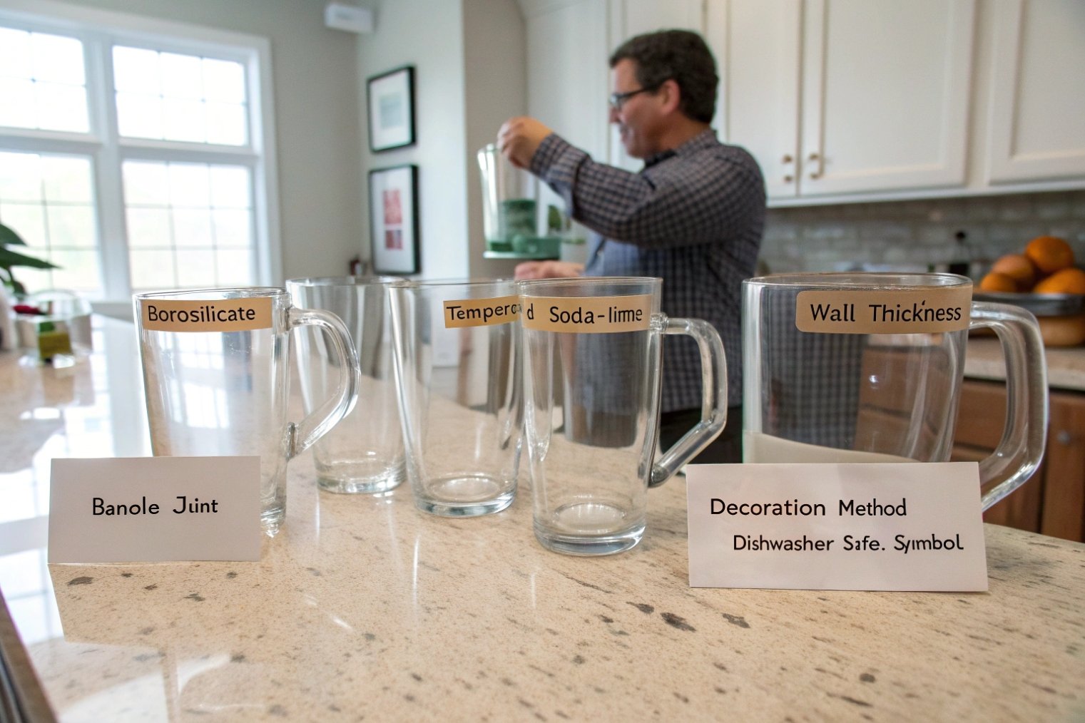 Kitchen countertop comparison of clear glass mugs labeled borosilicate tempered soda-lime and wall thickness with note cards about handle joints and dishwasher-safe decoration while a man pours a drink in the background