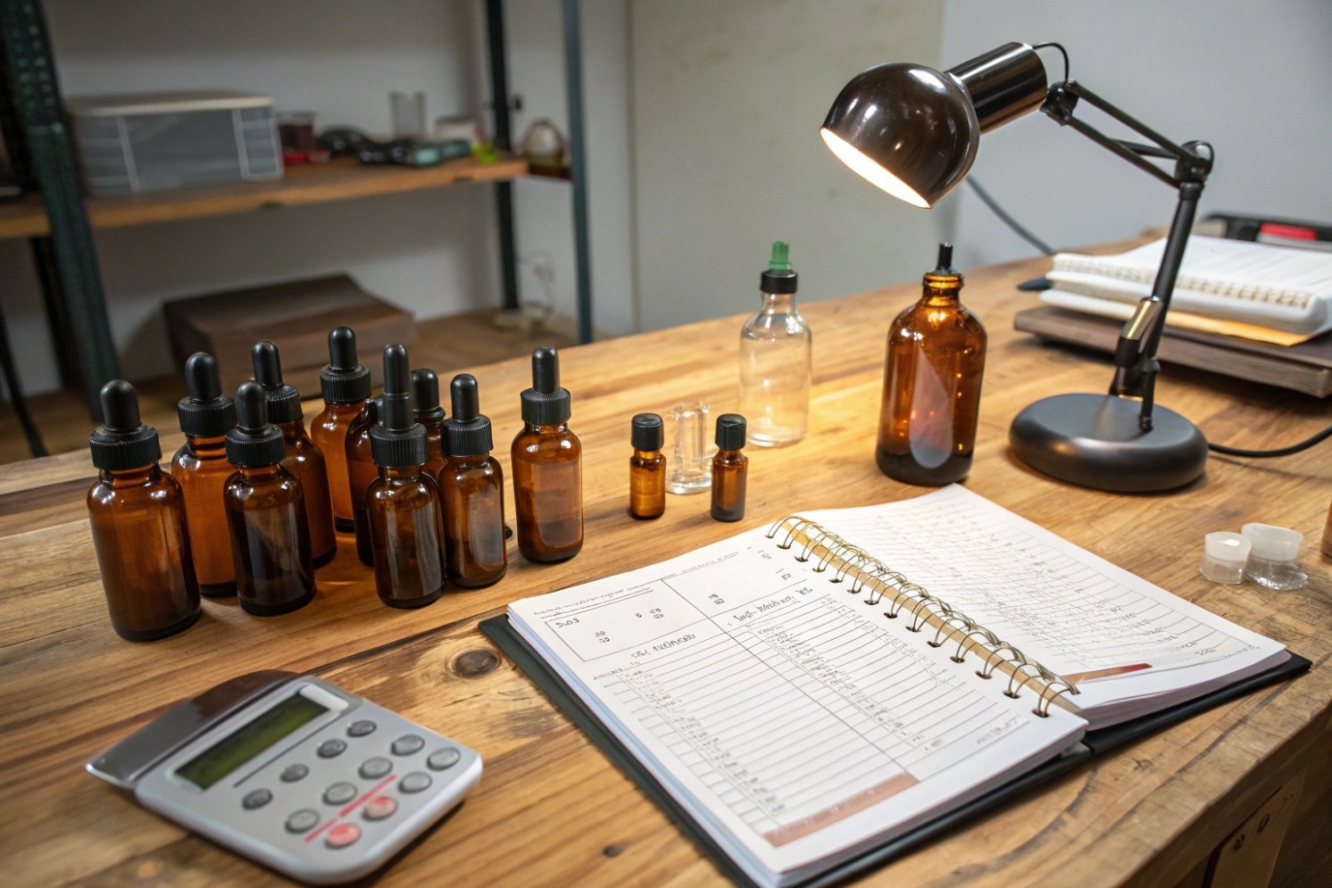small fragrance lab bench with rows of amber dropper bottles, open formula notebook and calculator under a desk lamp