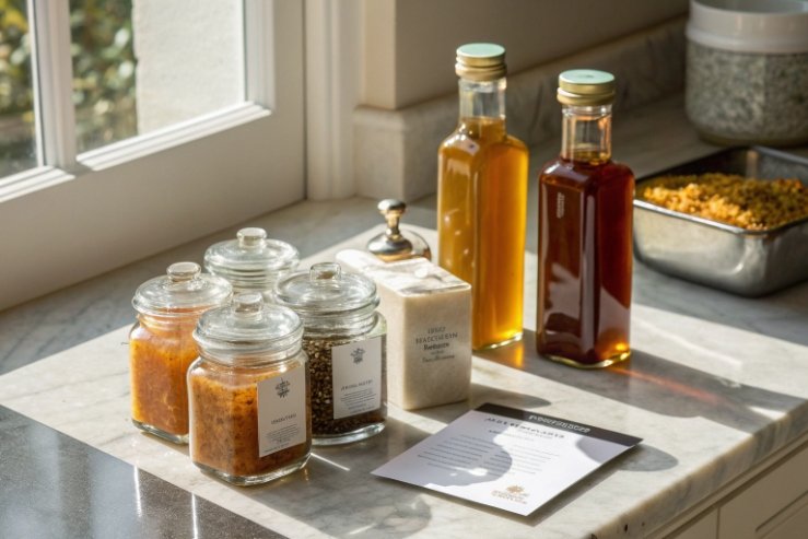 Kitchen countertop with glass spice jars and two filled bottles in sunlight