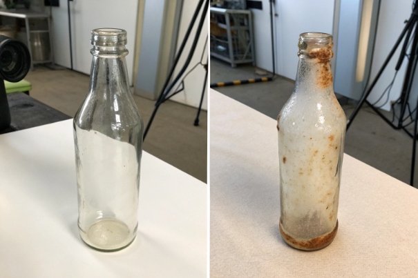 Clear glass bottle comparison showing clean bottle versus stained and contaminated bottle