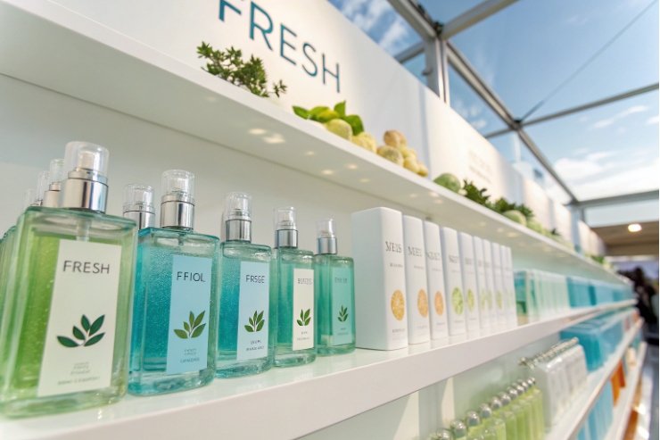 Fresh brand glass body mist bottles displayed on bright white shelf with greenery decor