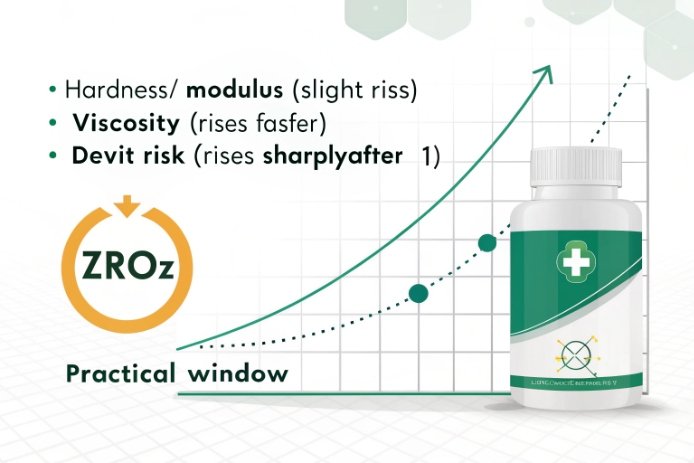 ZrO2 Practical Window Chart shows viscosity rise, hardness gain, and devit risk.
