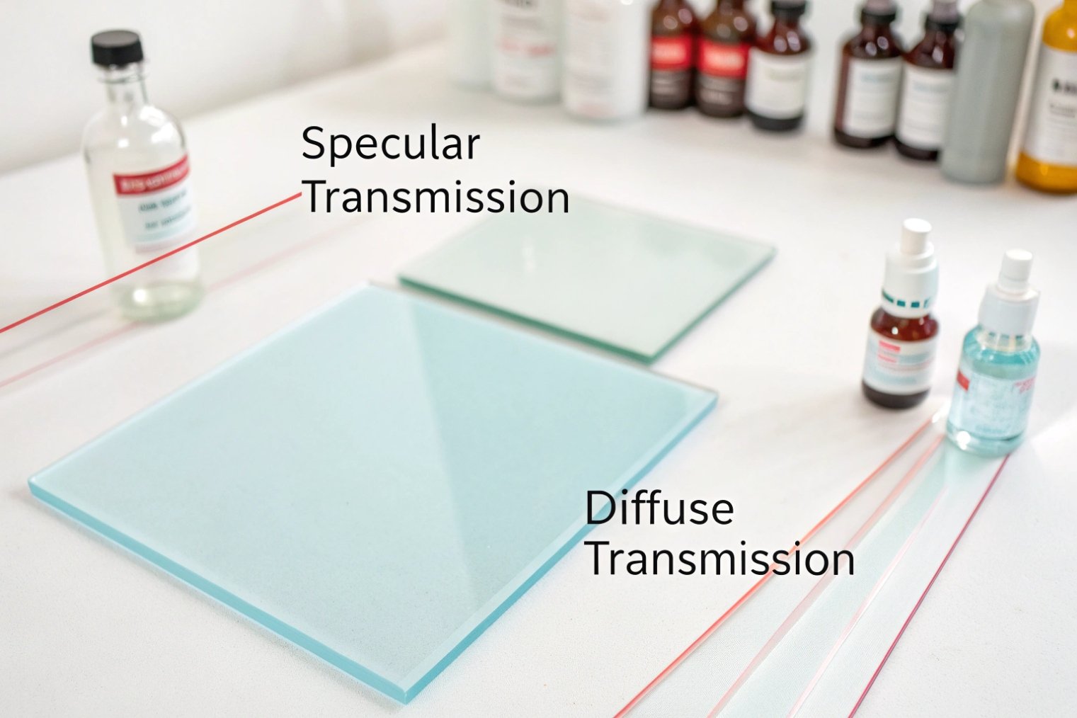 Two glass plates on lab bench illustrating specular versus diffuse light transmission for cosmetic packaging