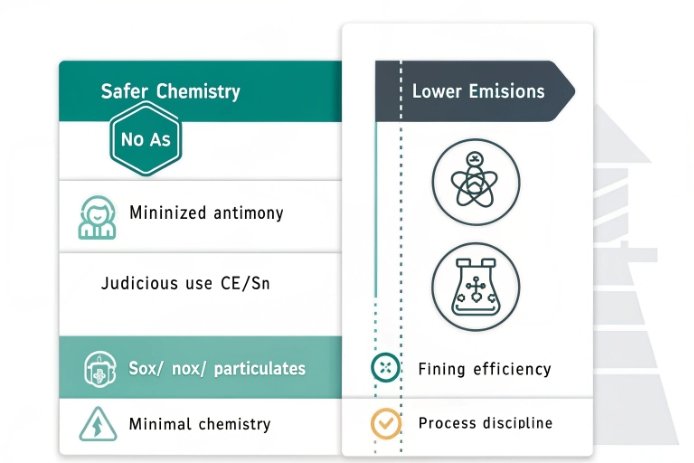 Infographic on safer chemistry without arsenic, minimized antimony, and lower furnace emissions