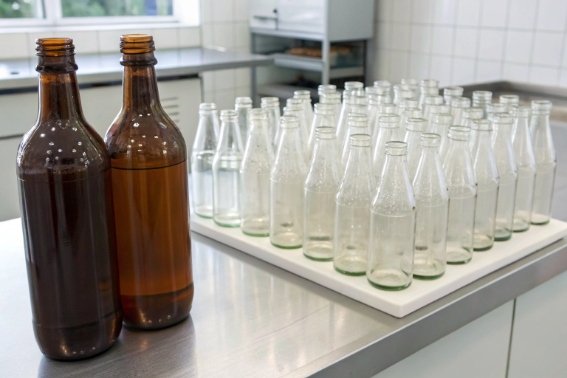 Amber bottles beside clean empty clear glass bottles arranged on stainless worktable