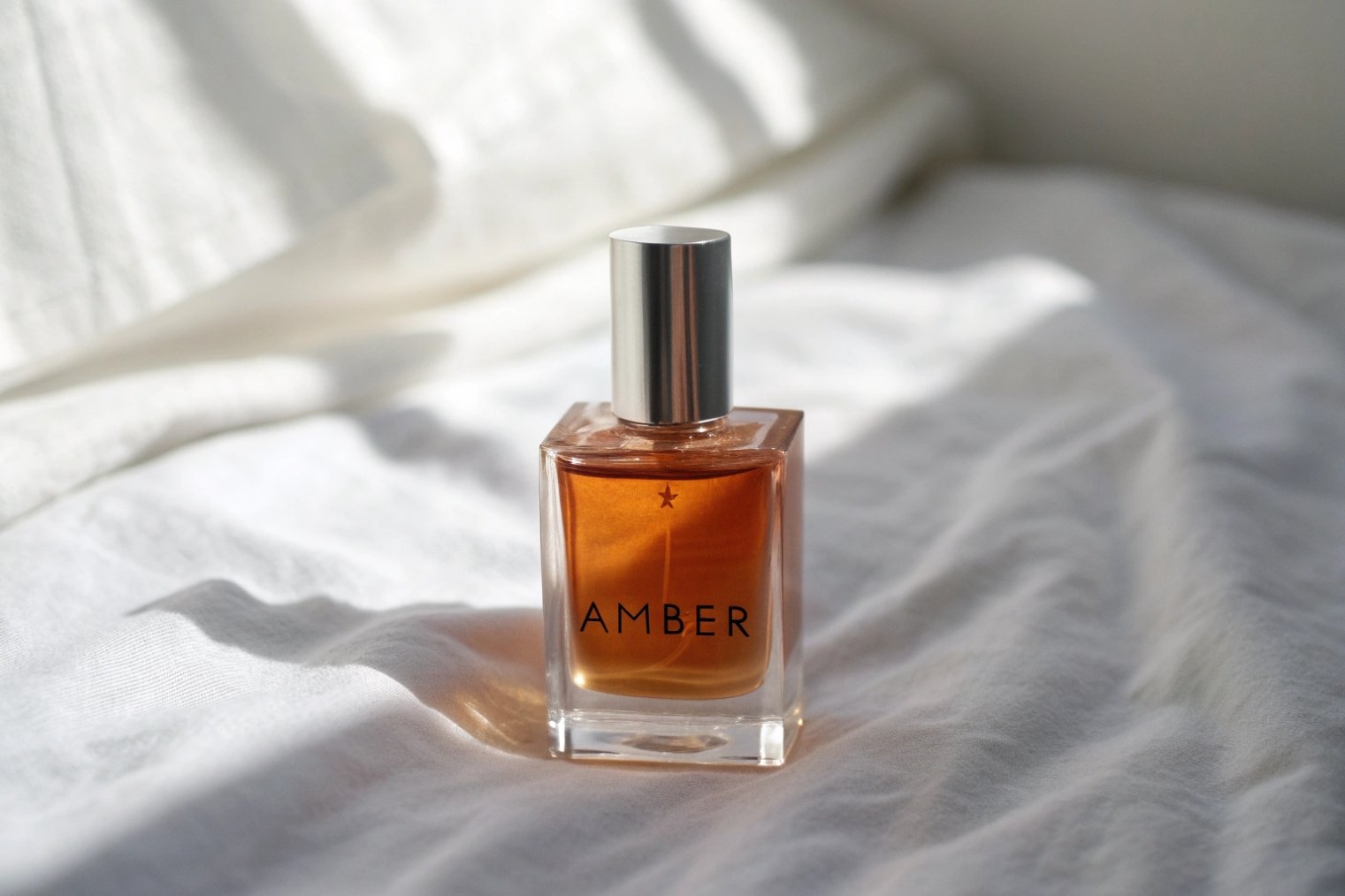 Warm amber perfume bottle on soft white bedding in natural light