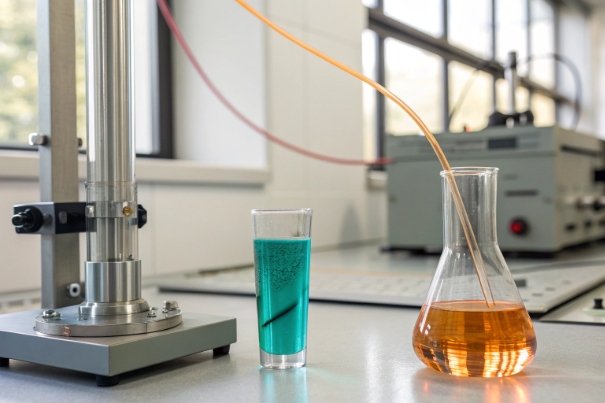 Lab Glassware Setup Laboratory glassware setup with colored solutions in beaker and flask