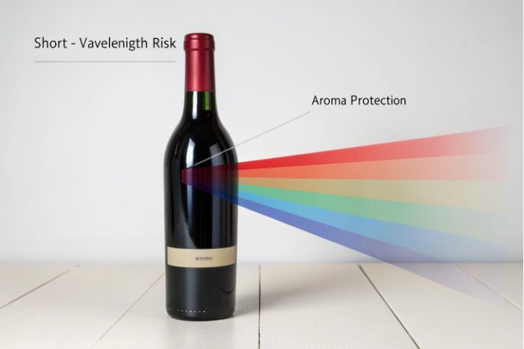 Red wine bottle with color spectrum graphic illustrating light protection and aroma preservation