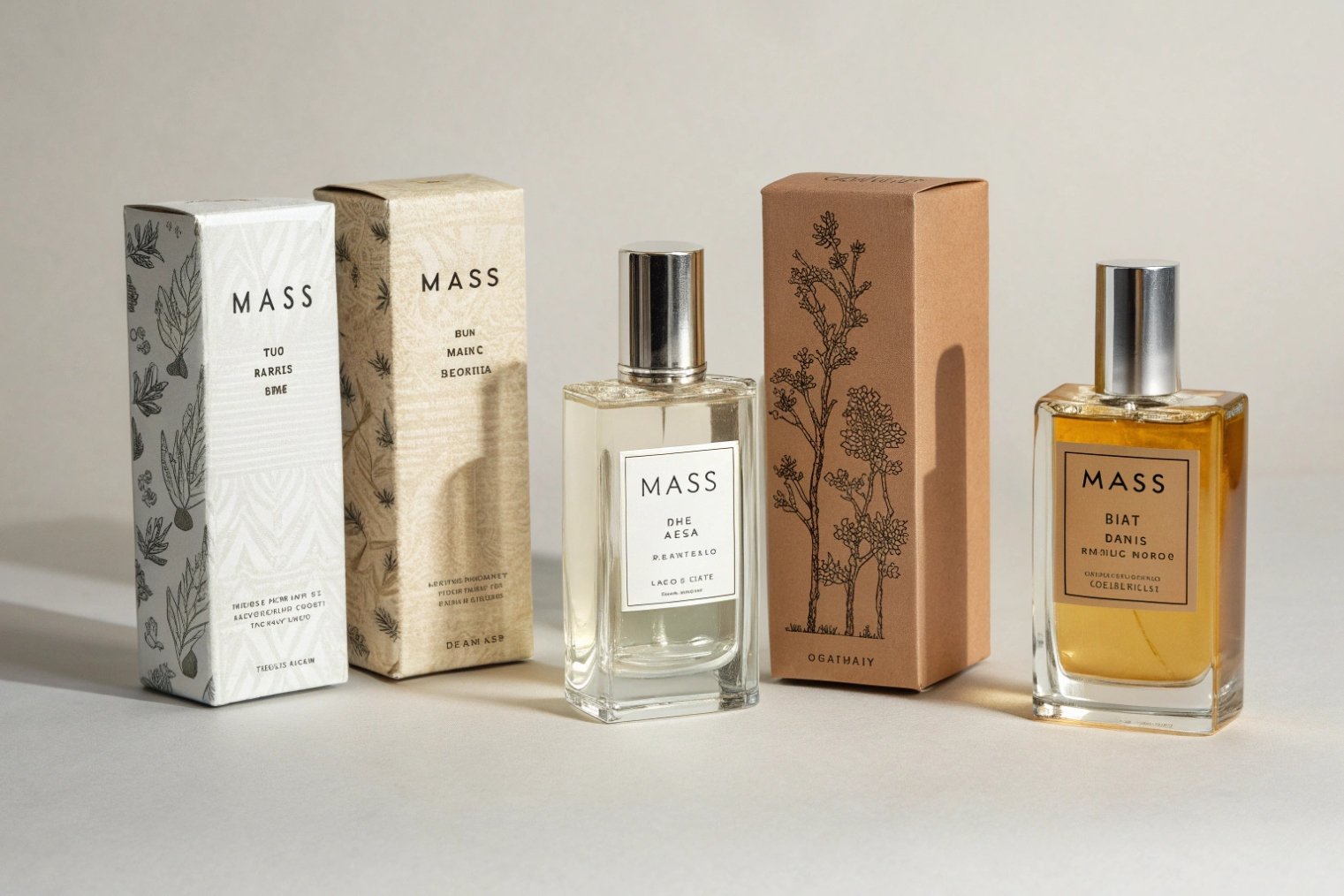 Two fragrance cartons printed with patterns next to their matching bottles on a neutral backdrop