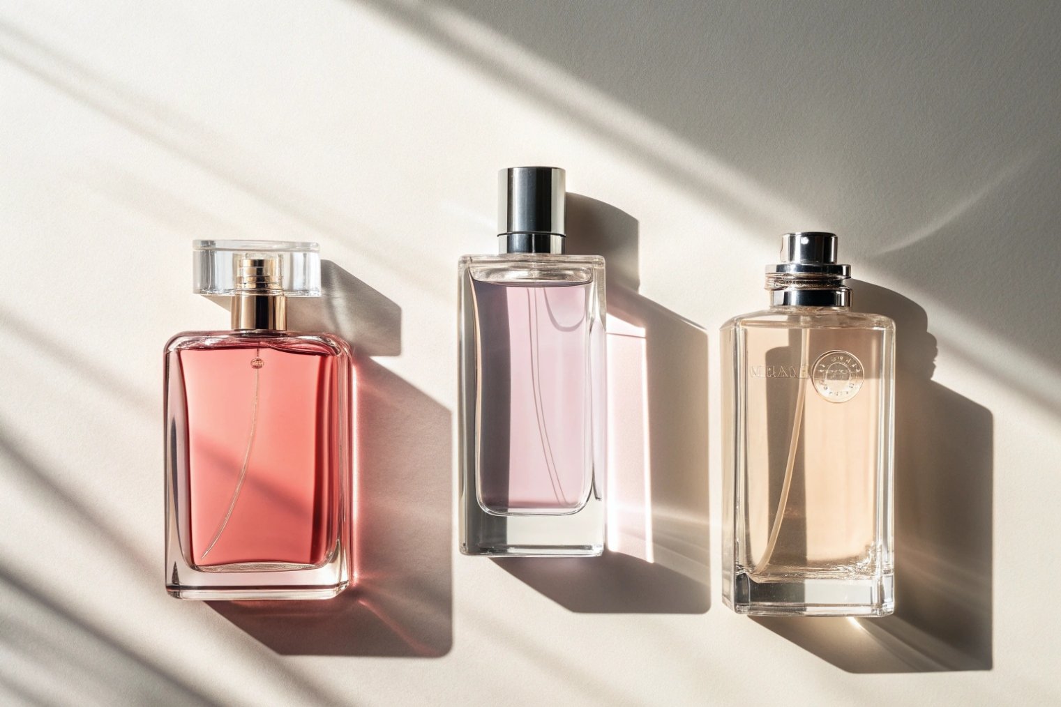 three elegant rectangular glass perfume bottles with colored fragrance under soft morning sunlight
