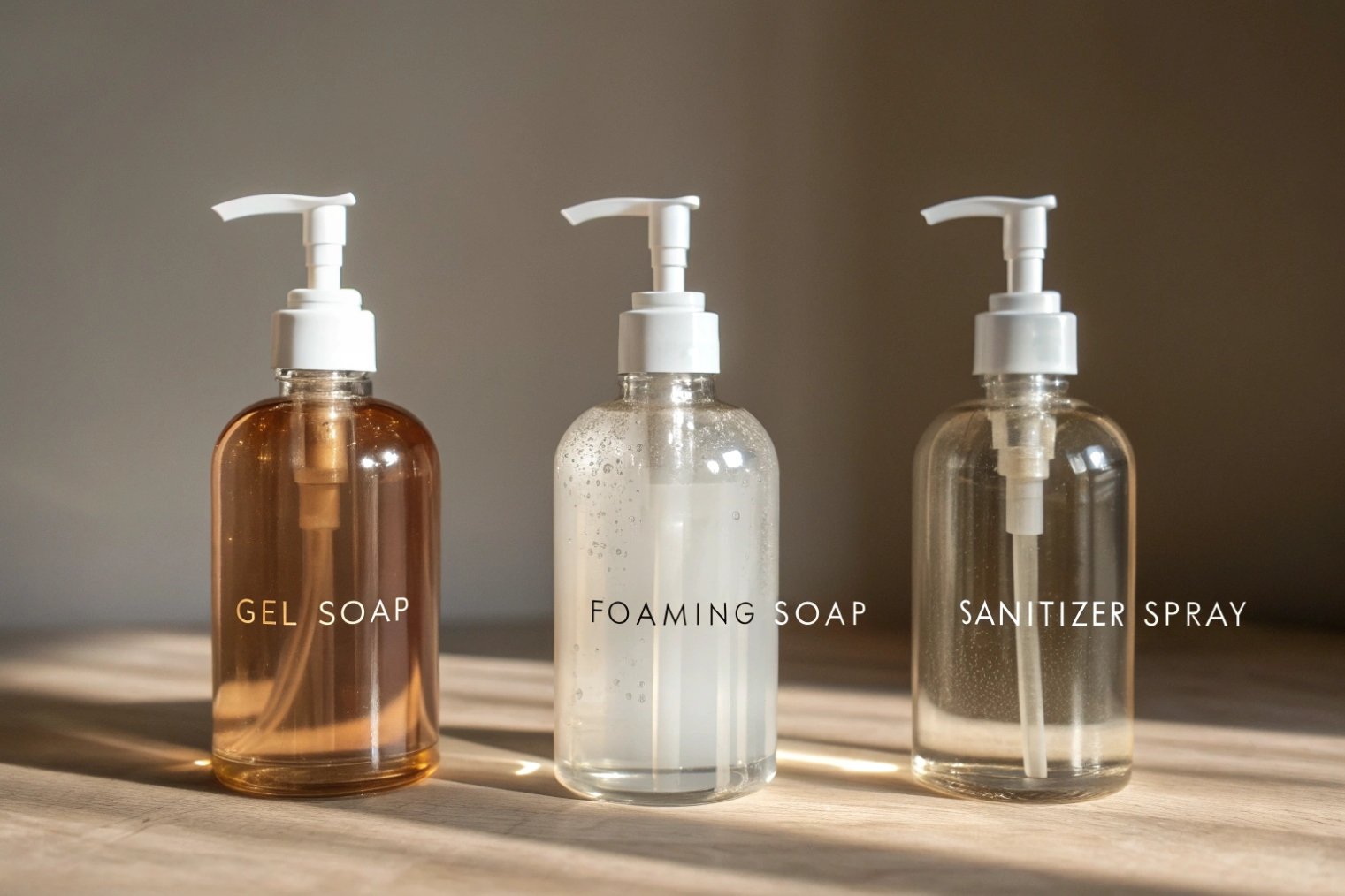 three clear pump bottles labeled gel soap foaming soap sanitizer spray on wooden surface