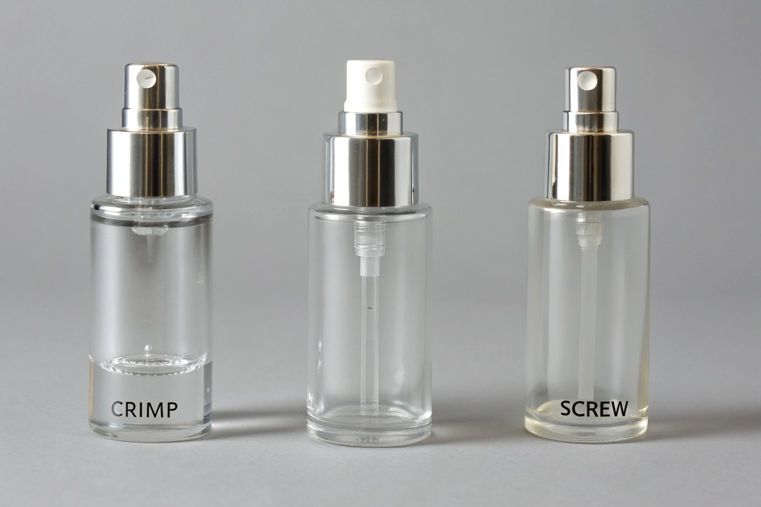 three clear glass spray bottles with crimp and screw pump options