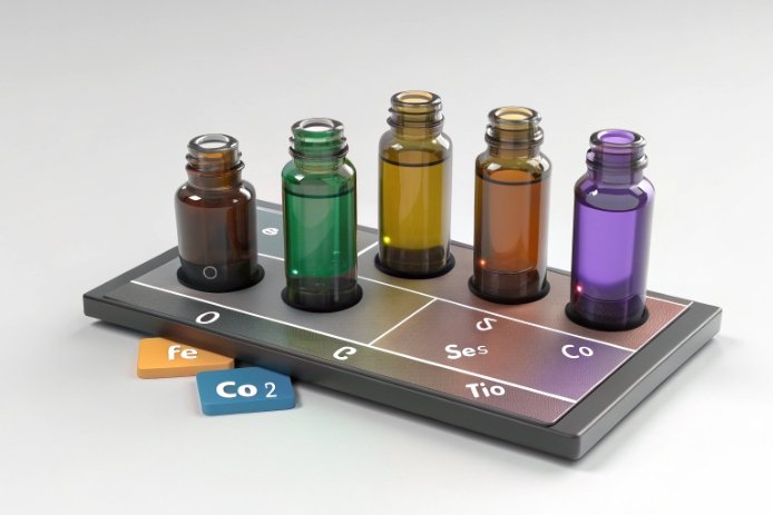 Set of small colored glass sample vials (amber/green/purple) arranged on a labeled color/chemistry test tray (Fe, Co2, etc.).