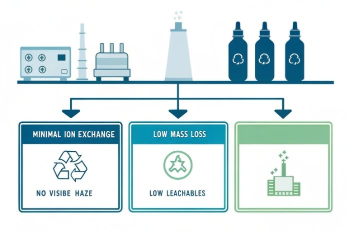 Infographic showing minimal ion exchange, low mass loss, and low leachables for glass