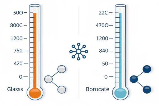 Glass vs borosilicate Thermometer infographic comparing glass and borosilicate temperature resistance for packaging applications