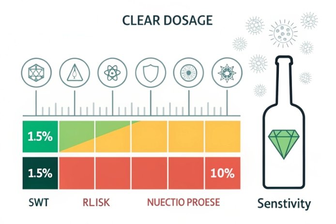Clear dosage infographic shows additive sensitivity and risk zones for glass bottle quality.