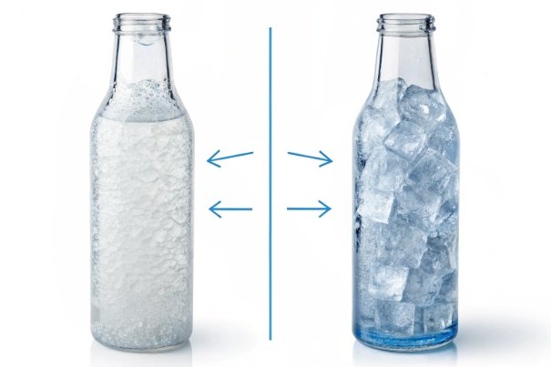 Two clear glass bottles showing ice expansion comparison with arrows on white background
