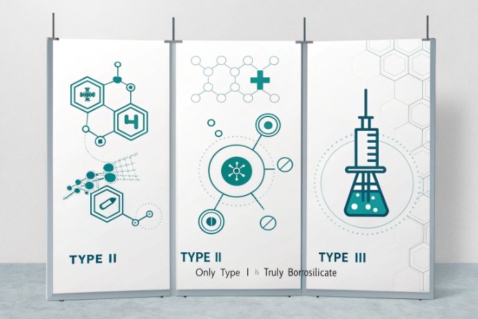 Three vertical panels showing glass “TYPE II” and “TYPE III” classifications with chemistry/lab icons, suggesting hydrolytic-resistance categories used in pharma container standards.