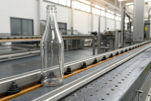 Empty clear glass bottle on conveyor belt inside modern bottling plant