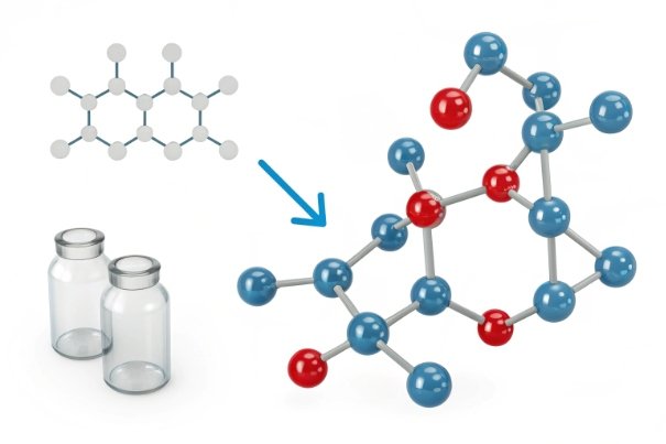 Molecular structure infographic with glass jars illustrating material composition and bonding