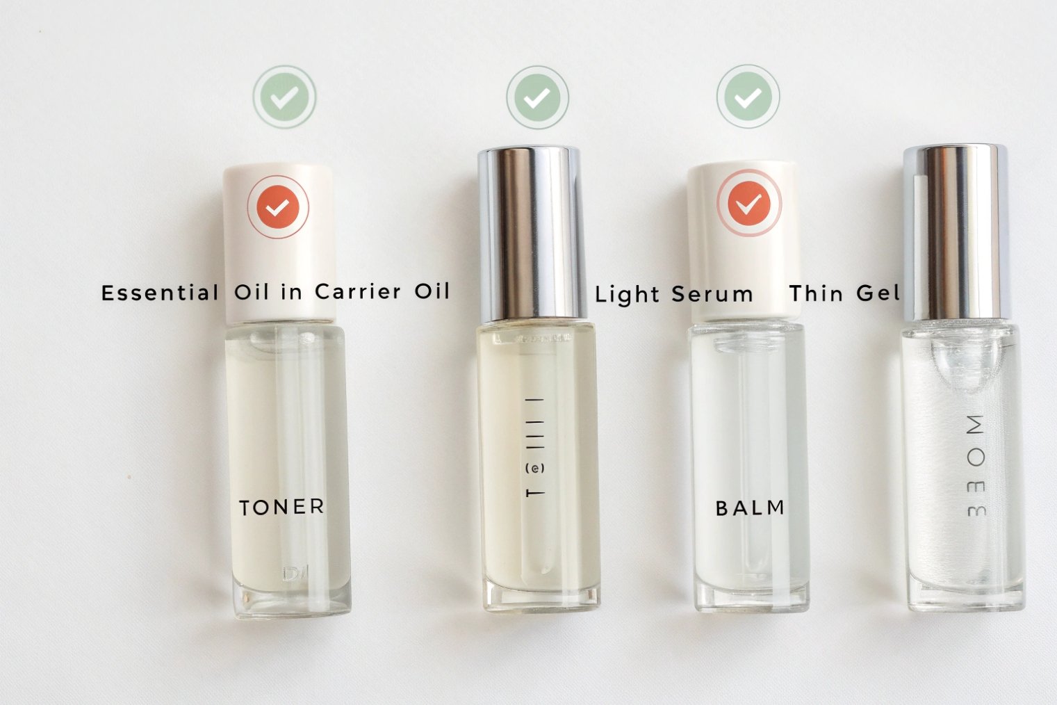 Four slim cosmetic bottles in a row with captions for toner, essential oil in carrier oil, light serum, and thin gel plus green/red suitability checkmarks