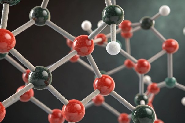 3D molecular lattice model representing glass chemistry and material structure visualization
