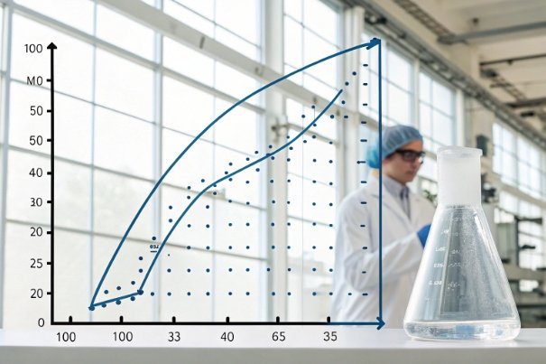 Laboratory flask with performance graph overlay and technician in cleanroom background