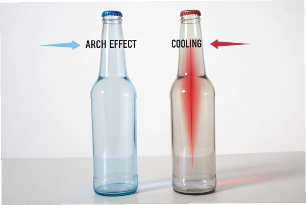 Two glass bottles showing arch effect and cooling flow direction graphic