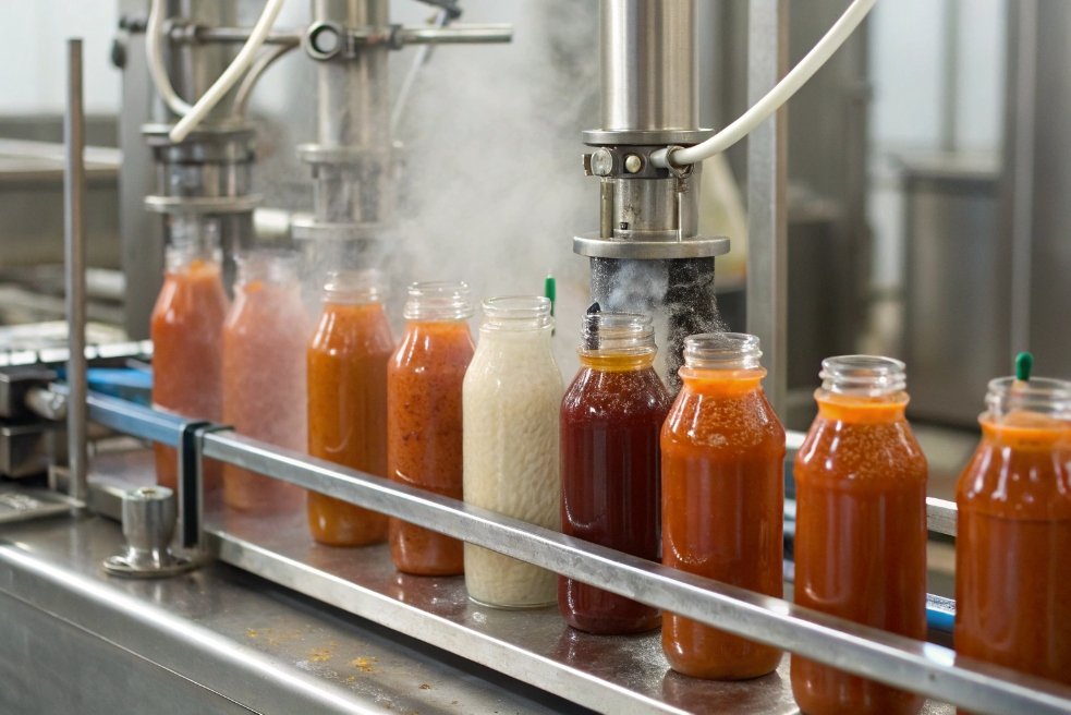 Automated hot filling line bottling sauces and purees into heat resistant glass jars
