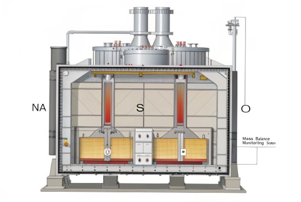 Cross-section of industrial glass melting furnace for consistent bottle glass quality control.