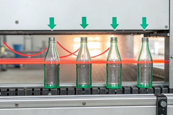 Empty green glass bottles passing through rinsing station with spray jets