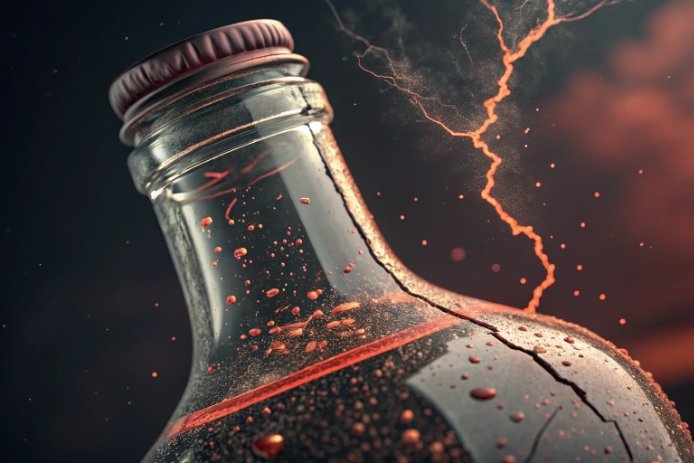 Close-up of damaged glass bottle showing crack lines, highlighting impact resistance and safety.