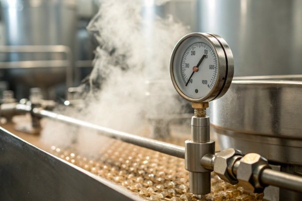 Steam tunnel with pressure gauge monitoring hot wash process for bottle sterilization line