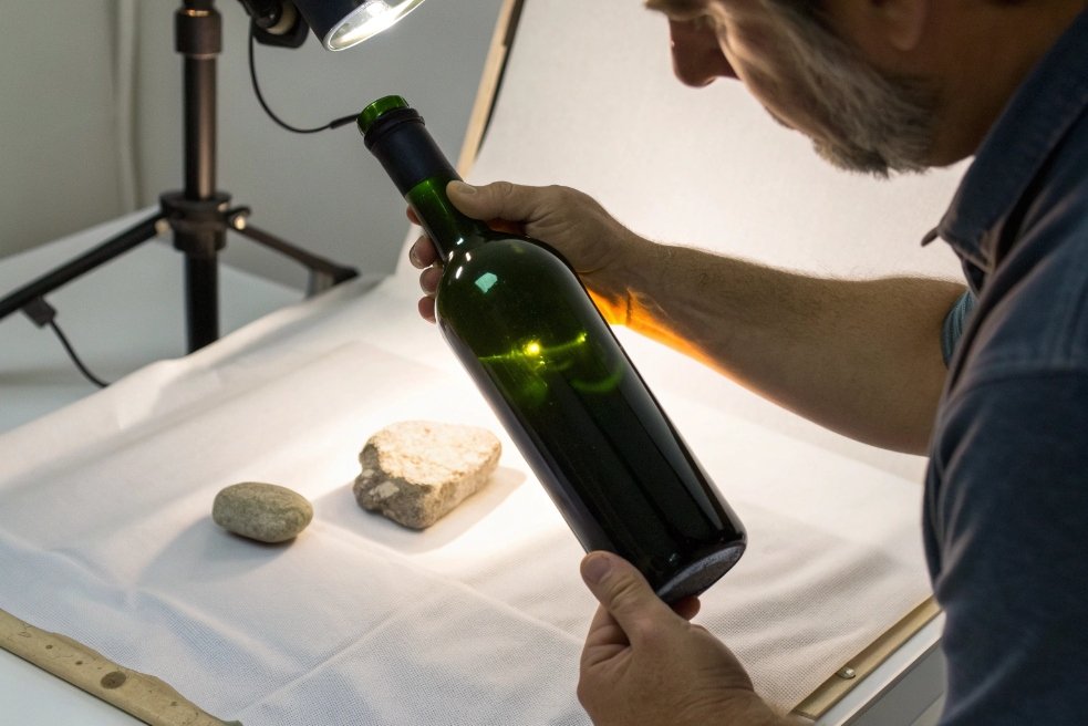 Technician inspecting green wine bottle under bright light for surface defects