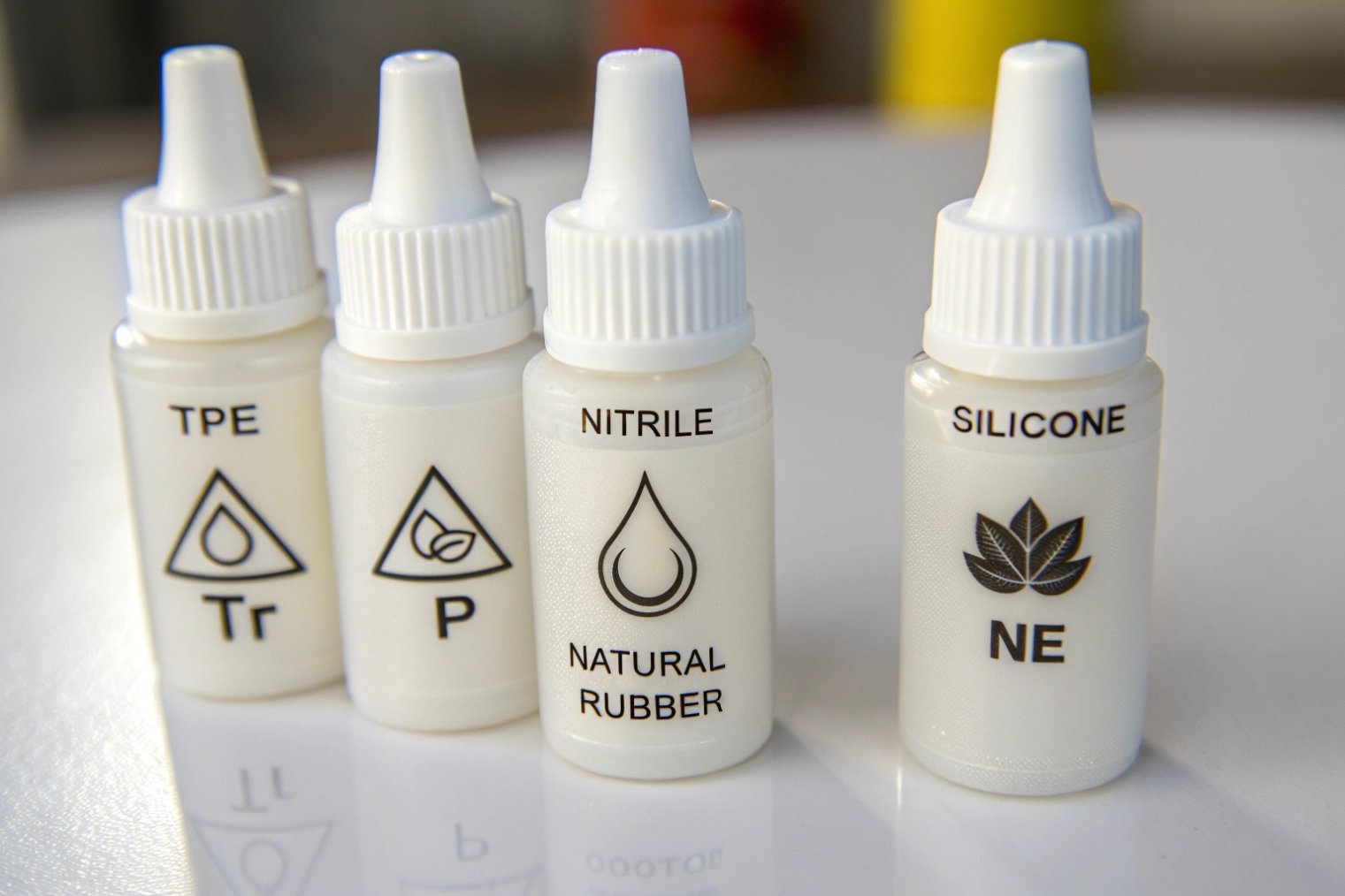 sample squeeze bottles comparing TPE nitrile natural rubber and silicone bulb materials