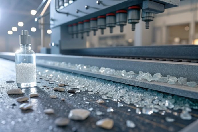 Clear sample vial with powder and cullet shards on inspection conveyor in plant