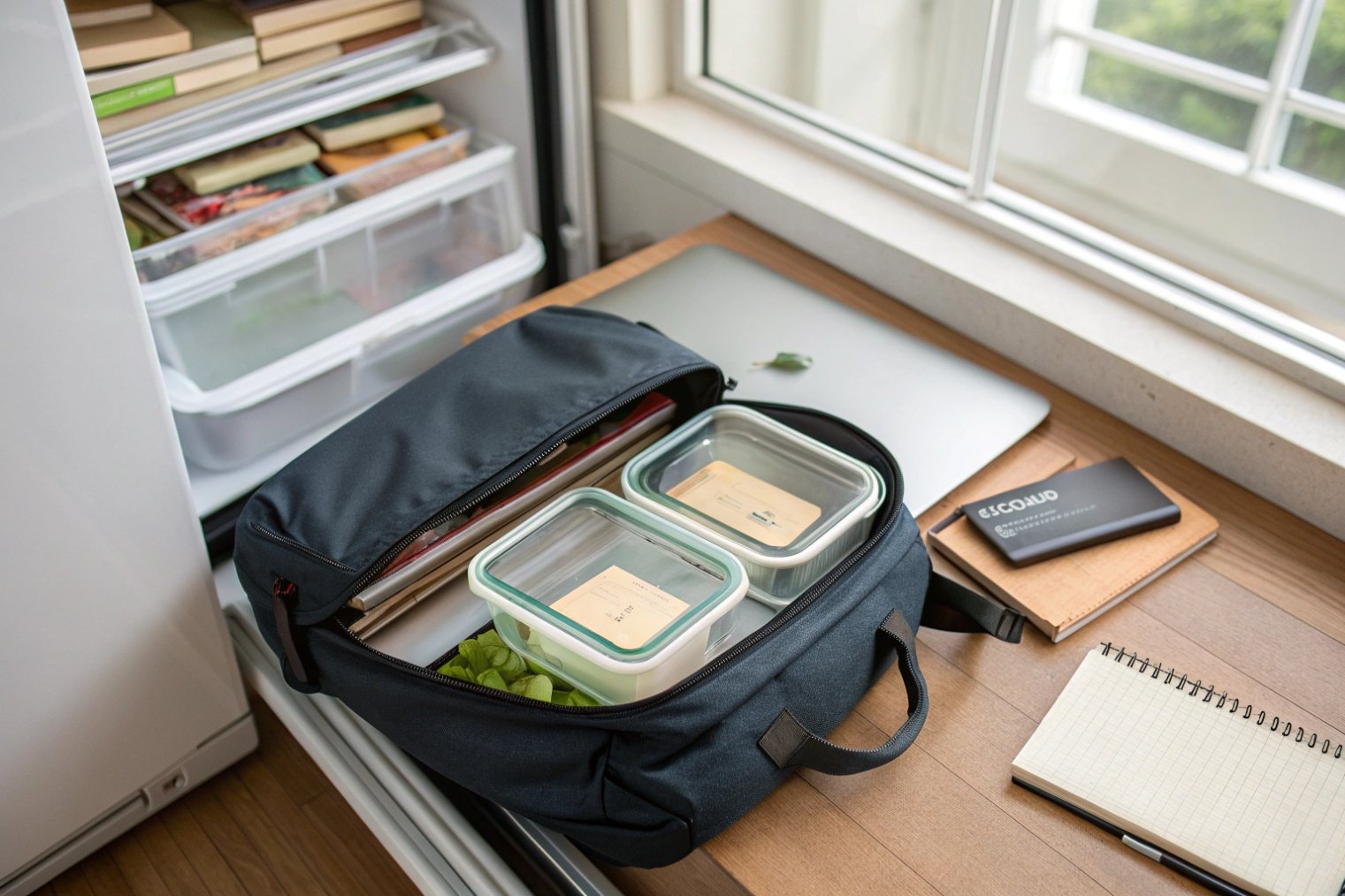 Two glass food containers packed in backpack next to fridge and workspace
