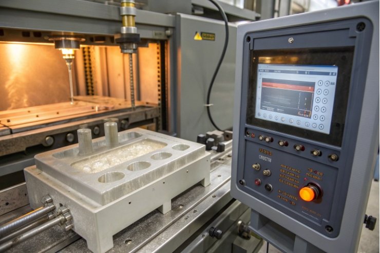 Glass bottle molding machine with digital control panel in industrial production workshop